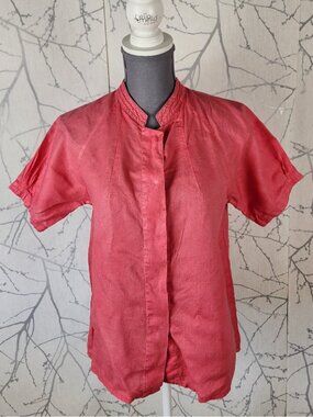 Linden Coral Pink Linen Mandarin Collar Button Up Blouse
